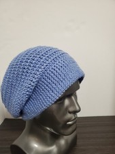 Cerulean Blue Crochet Slightly Slouchy Reversible Mens Beanie Hat Handmade