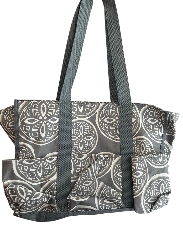 Thirty One Organizing XL Tote Shoulder Bag Gray Canvas Water Bottle Holders Zips - Image 2 of 4