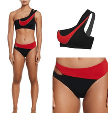Nike Women's Swim Asymmetrical Top Cheeky Bikini Bottom Size Large Black Red