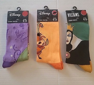 3 Prs Of Disney Crew Socks Princes /Frog Evil Queen Pumba New With Tags Sz 9-13