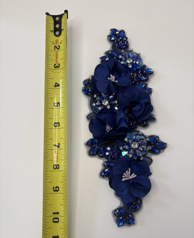 2 Royal Blue 3D Floral Beaded Rhinestone Lace Appliques Bridal Dress Costume