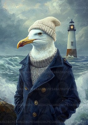 Möwe Matrose im Peacoat Küste Maritim Tierportrait Kunstdruck AJ79