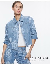 Alice Olivia Finely Raw Hem Button Down Jean Jacket In a Lotus Floral