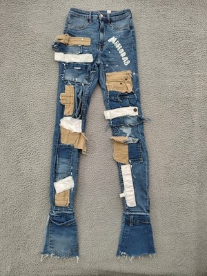 Divided H&M Women s Patchwork Distressed Jeans Size 4 Blue High Rise Flare Raw