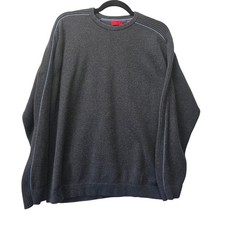 IZOD Mens Crewneck Sweater Large Gray Cotton Knit Blue Piping Ribbed Shoulder