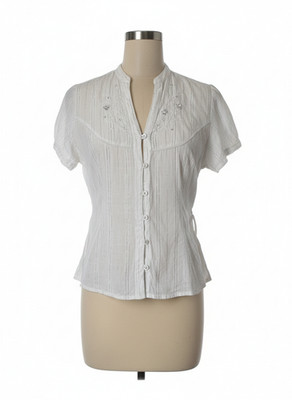 Bluse Cherokee weiß bestickt UK 18 Y2K halbtransparent Gürtel Metallic