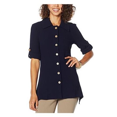 Nina Leonard Easy Stretch Textured Shirt (NAVY, SMALL)