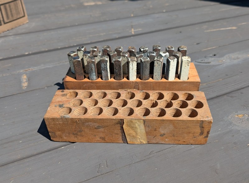 Antique Wooden Box Set of Steel Letter Punches 3/8 inches A through Z &