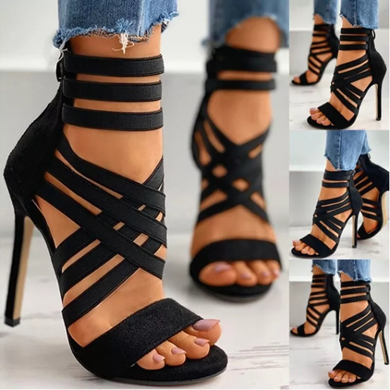 Womens Cross Strap Roman Sandals Sexy High Heels Open Toe Zipper