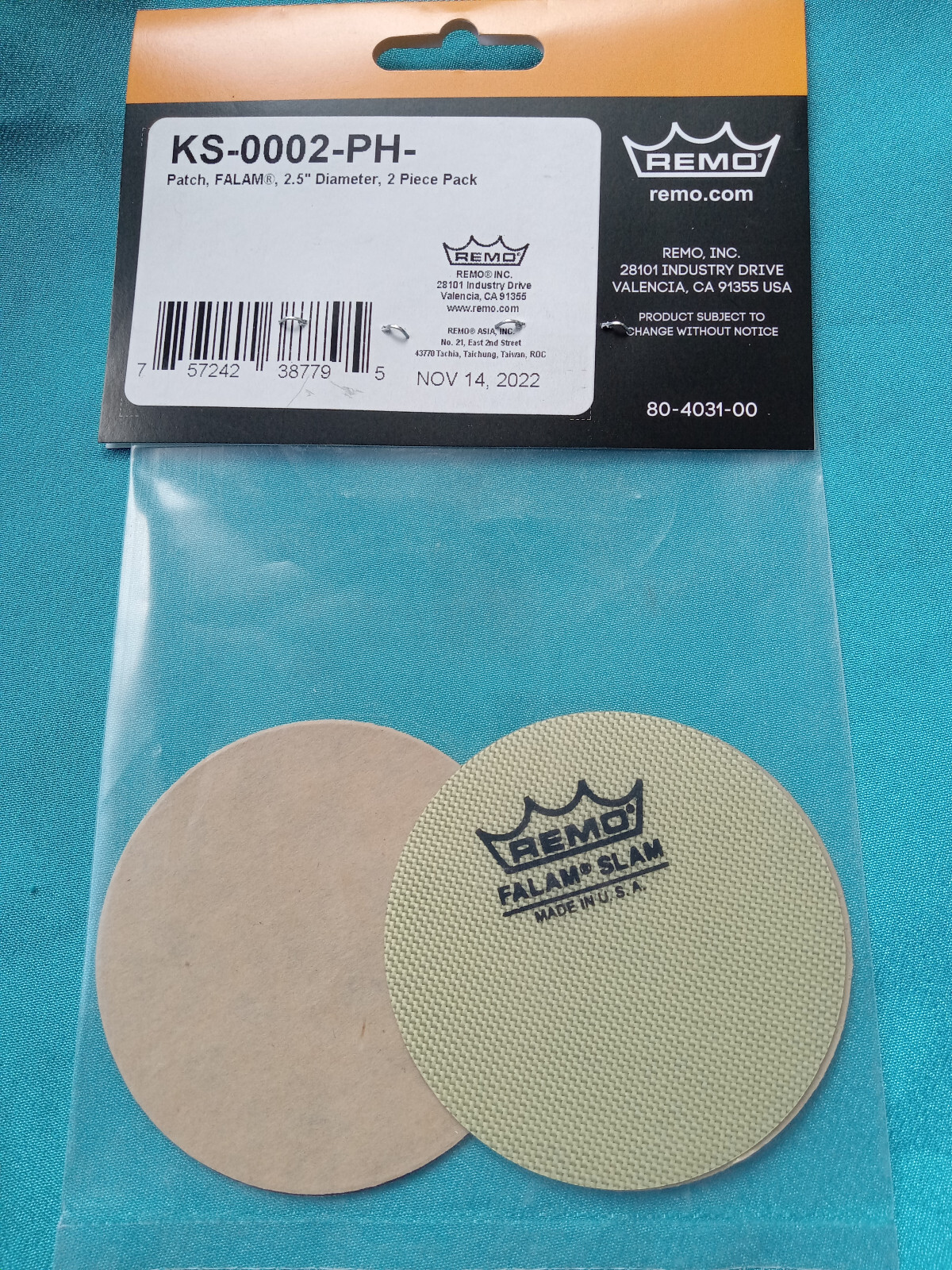 Remo Patch, 2.5" Diameter Falam Slam Bass Drumhead Patch, 2 Pack, KS