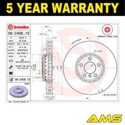 Fits BMW 5 Series 2009-2017 6 Series 2010-2018 Brake Disc Front Right AMS