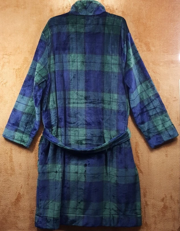 CLUB ROOM Bata Para Hombres L XL Azul Verde Tartán Cuadros Felpa Vellón Acogedora con Cinturón Foto 3 de 4