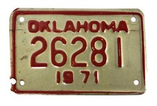 Oklahoma 1971 Used MOTORCYCLE License Plate 26281 With Error!