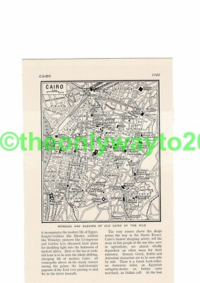Cairo, Map of Mosques & Bazaars of Old Cairo, Egypt, Book Illustration, c1920