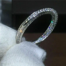 Women White Gold Plated 3mm Iced Sparkling CZ Band Ring Wedding Engagement