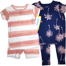 Carter's Baby Girl 12 Mos Palm Tree 4pc Pajama Set Pink Navy Cotton Short Sleeve