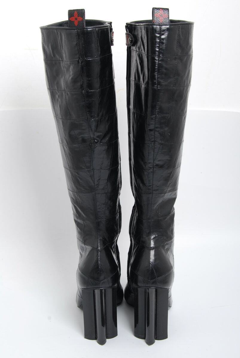 Louis Vuitton Women Black Boots 100% Leather Pattern Knee High Booties Sz  EUR 36