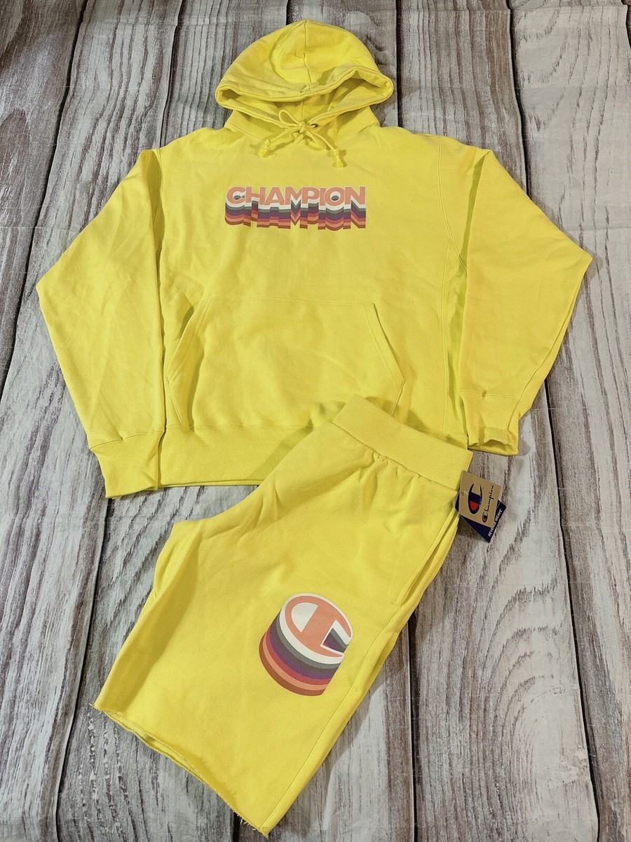 Champion Reverse Weave men 2pcs hoodie & Short Sz Large Yellow (K