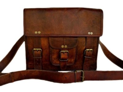 Borsa In Vera Pelle Tracolla Messenger Vintage Fatta A Mano - Marrone 28cm