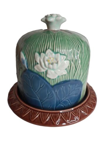 Hand Painted Majolica Round Covered Cheese Dish Butter Keeper Henriksen imports