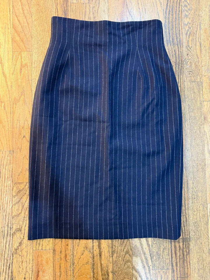 复古 Michael Kors 细条纹羊毛铅笔裙 尺寸 6 海军蓝 美国制造