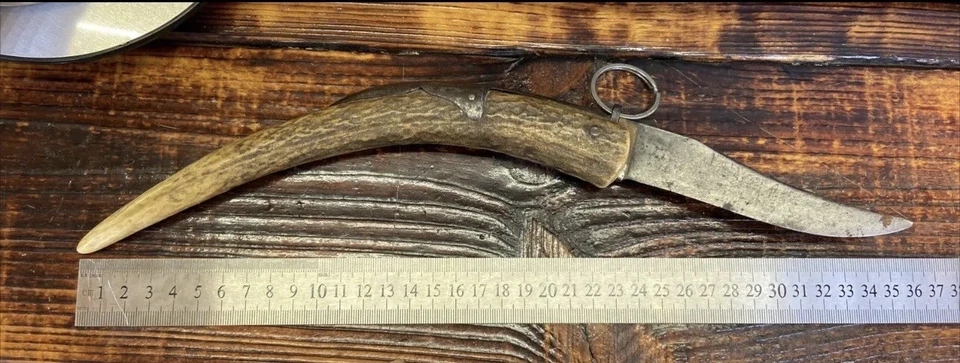 ANILLO ANTIGUO TIRAR CUERNO DE CIERVO PLEGABLE CAZA NAVAJA ESPAÑOL CUCHILLO LARGO Foto 3 de 4