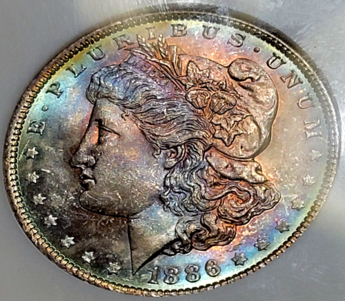 1886 P Monster Rainbow Morgan Dollar NGC MS64 Star Reddish Pink Blue Colors RARE