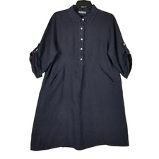 Elena Baldi Tunic Dress Women L Navy Blue Linen Roll Tab Sleeve Made in Italy
