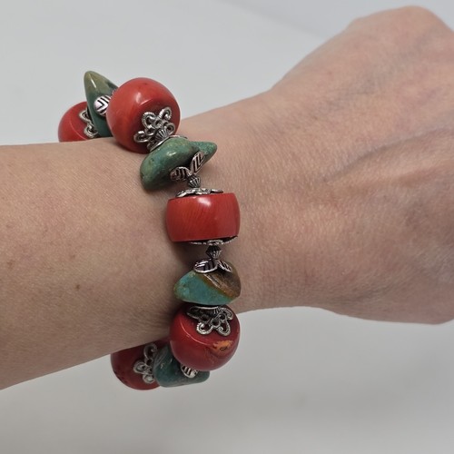 Vintage Chunky Coral Turquoise Bead Bracelet Sterling Silver 925 Toggle 7.5" - Picture 2 of 6