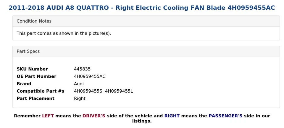 AUDI A8 QUATTRO 2011-2018 - Ventilador eléctrico derecho hoja 4H0959455AC Foto 3 de 4