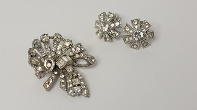 Vtg Fan/Bow Brooch & ALBION Signed Screwback Earrings Mid-century Rhinestones