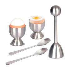 Egg Cracker Topper Set of 5-Includes 2 Cups, Spoons and 1 Cutter-Stainless