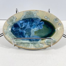 Plato de baratija ovalado esmalte cristalino artesanal Aya azul verde azulado cerámica artesanal