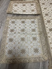 Vintage Square Cream & Gold Embroidered Star Tablecloth Lefkara Cyprus Set Of 6
