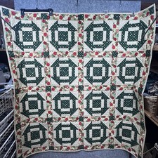 Handmade Christmas Quilt Throw Lap 60x60" Poinsettia Green White Floral Holiday