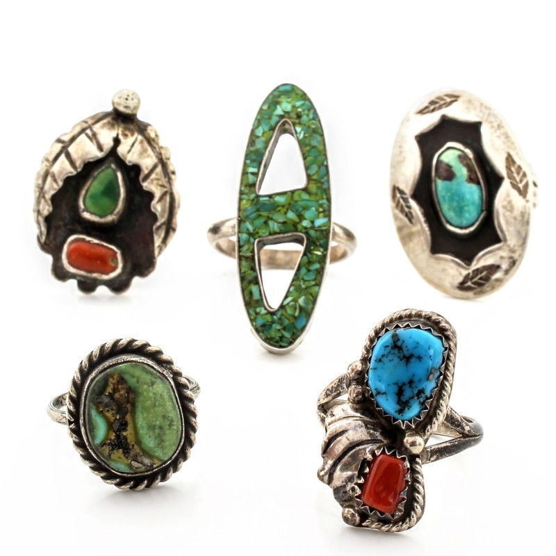 Southwest Sterling Turquoise Red Coral Hand Craft 5.5-6.5 Ring Lot of 5 #S5552-4
