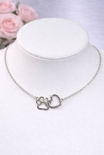 Paw Print Heart Necklace 925 Sterling Silver Pet Lover Dog Cat Memorial 50cm