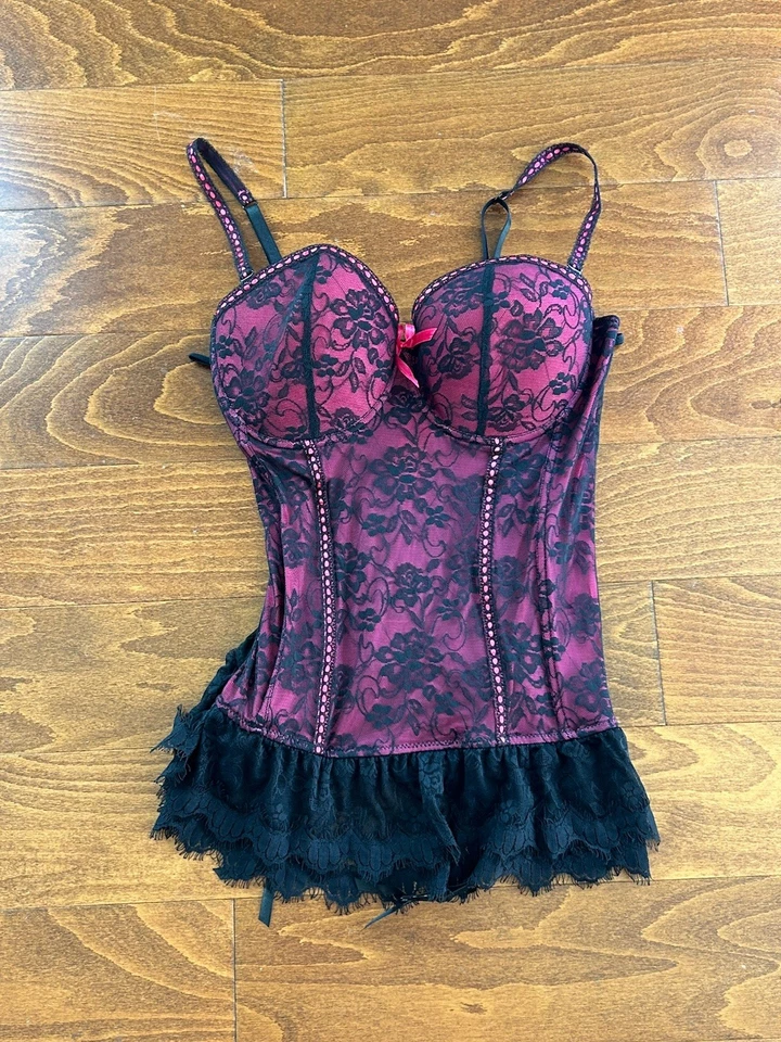 Lencería corsé de encaje rosa negro pestañas Baci Debauched Bustier nueva con etiquetas talla grande 3-4X Foto 2 de 4