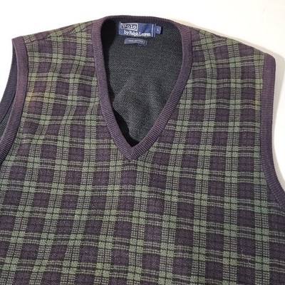Polo Ralph Lauren Sweater Mens L Large Blue Green Vest Tartan Plaid Vintage 