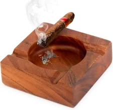 Wooden Cigar Ashtray, 5.4" Square Ash Tray with 4 Slots Holder, Outdoor & Indoor