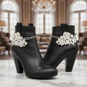 Women Silver Chain Boot Bracelet Anklet Shoe Big Charm Bling Flower Jewelry SET
