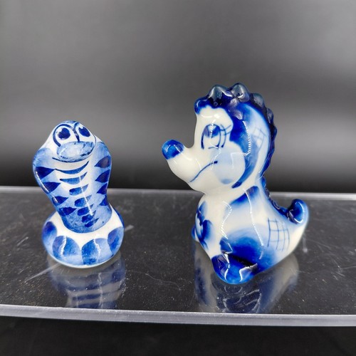 Russian Gzhel Porcelain Reptile Figurine Lot 2 Blue White Snake Alligator Animal