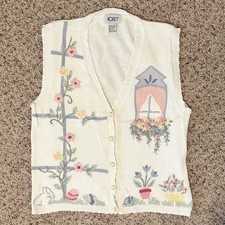 Vtg Koret Button Sweater Vest Womens M White Floral Embroidered Knit Cottagecore