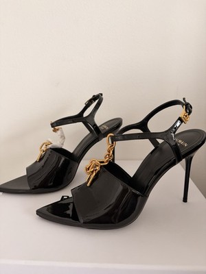 Balmain Women s Patent Leather Stiletto Heels Black/Gold Chain Ankle EU 38