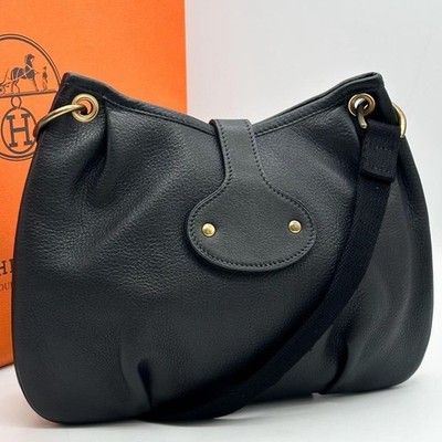 HERMES Mini Rodeo Shoulder Bag, Black Gulliver Leather, 1988, Rare Vintage