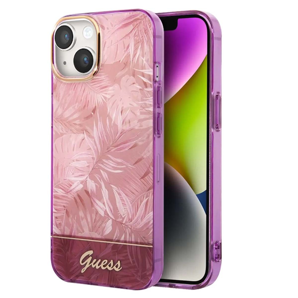Coque iPhone 14 Plus Guess Jungle rose pour sublimer vos looks