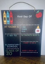 First Day of School Hanging Wood Sign, Multicolor Chalkboard, 12x10 Inches