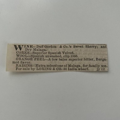 Loring & Co. Wine Duff Gordon & Co. 1860 Boston Clipping TAJ7-S70