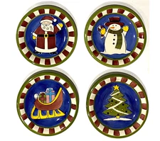 World Market Christmas Tree Santa Snowman Ceramic Salad Plates 8" Set Of 4 VTG