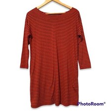Bobeau Striped Tunic Dress-Medium-Red & Tan-Pockets -3/4 Sleeve-Made In USA
